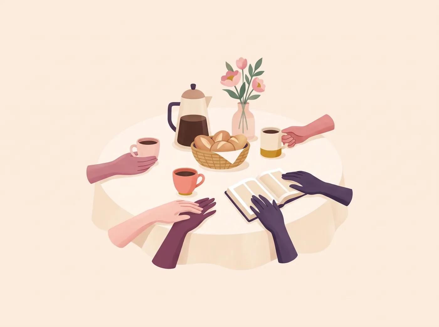 Mesa de café posta com xícaras, pães, flores e uma Bíblia aberta, com mãos de mulheres ao redor