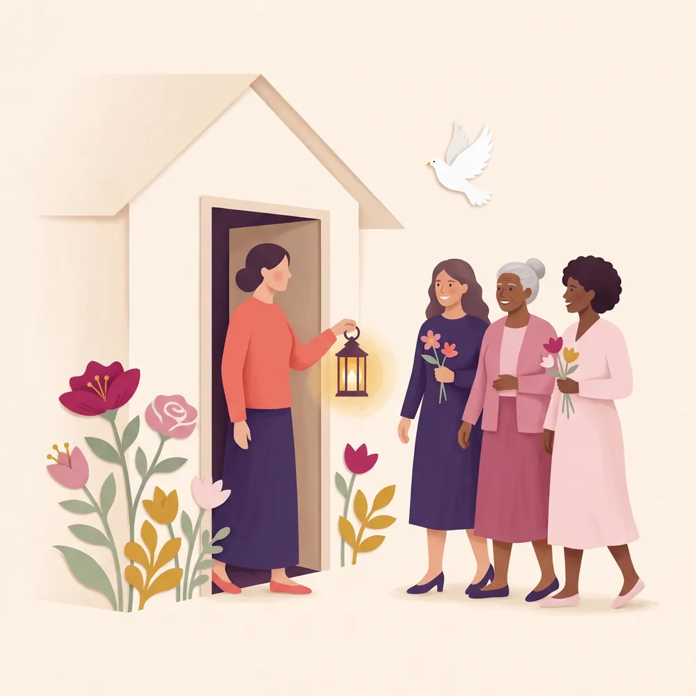 Uma mulher com uma lanterna recebe outras mulheres na porta de casa
