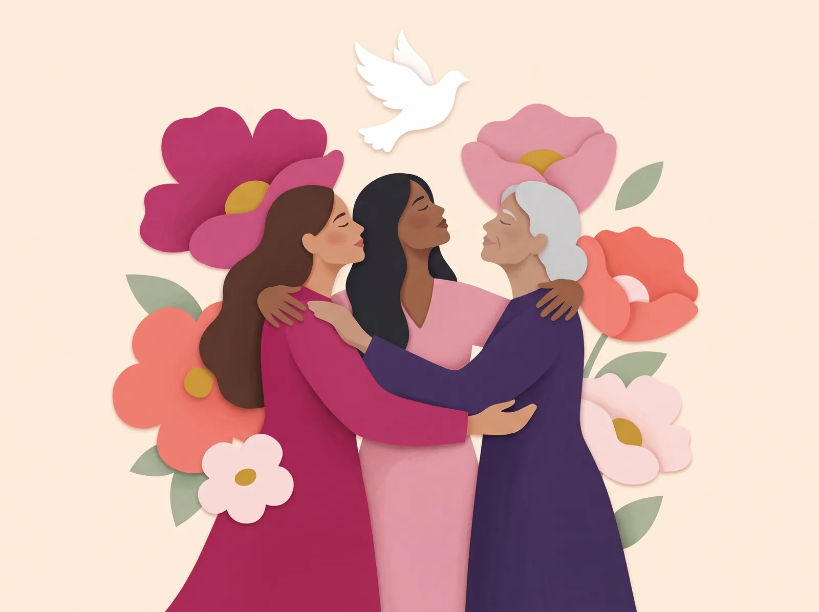 Três mulheres abraçadas entre flores, com uma pomba branca voando acima